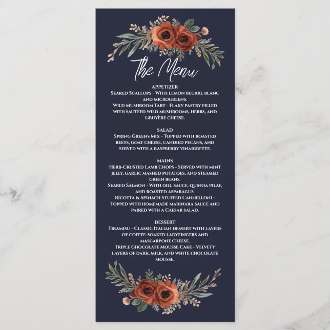 Menú Terracota Boho Floral Azul Marino (Anverso)