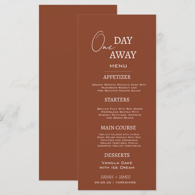 Menú Terracota mínima a un día de la cena de ensayo (Anverso / Reverso)