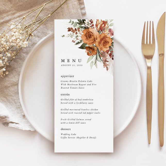 Menú Terracotta Boho Rose Wedding Reception Dinner (Terracotta rose floral wedding menu card with watercolor roses, elegant typography, table setting)