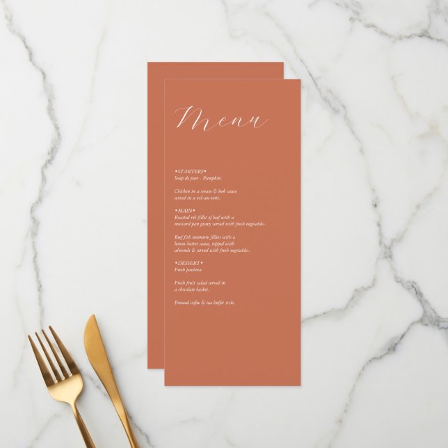 Menú Terracotta Elegant Script Calligraphy Boda (Anverso/Reverso In Situ)