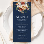 Menú Terracotta Floral Boda azul de la Marina de Flor S<br><div class="desc">Carta elegante con hermosas flores silvestres rústicas y tipografía moderna.</div>