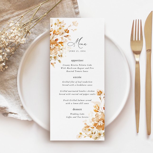 Menú Terracotta Floral Elegant Wedding Reception Dinner (Terracotta floral wedding menu with elegant script, burnt orange watercolor, reception table setting)