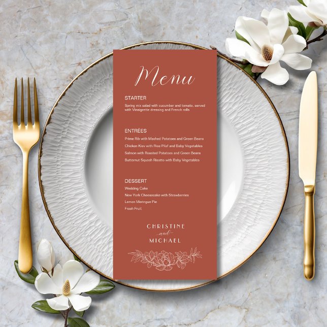 Menú Terracotta Floral Formal Elegante Boda (Terracotta Floral Formal Elegant Wedding Menu with courses, menu options, couple names, magnolia.)