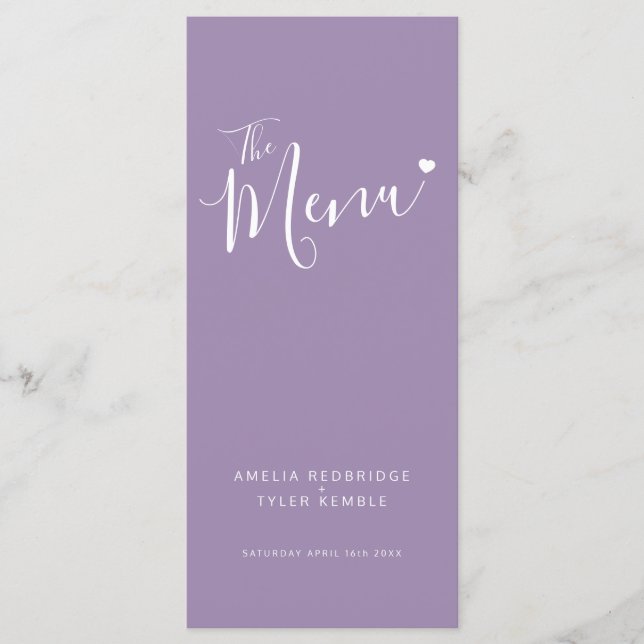 Menú texto de caligrafía corazón blanco en boda púrpura (Anverso)