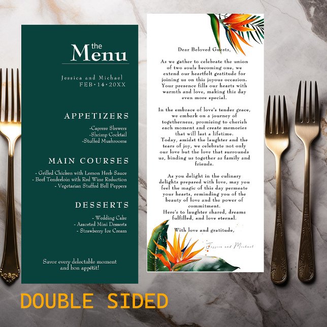 Menú Texto encantador Pájaros del paraíso boda Bliss (Birds of Paradise Bliss The Wedding Menu - double sided)