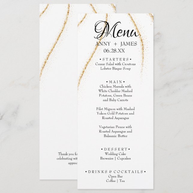 Menú Texto simple Purpurina oro Boda Cena yo (Anverso / Reverso)
