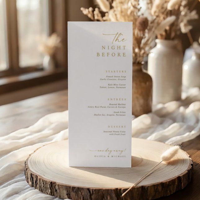 Menú The Night Before Gold Wedding Rehearsal Dinner (Elegant gold rehearsal dinner menus - the night before - elegant handwriting)