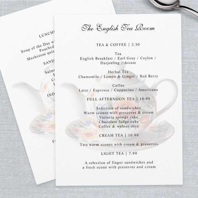 Menú Tienda de sala de té inglesa tradicional tetera cl (A customizable menu for a tea room or coffee shop, with floral teapot design)