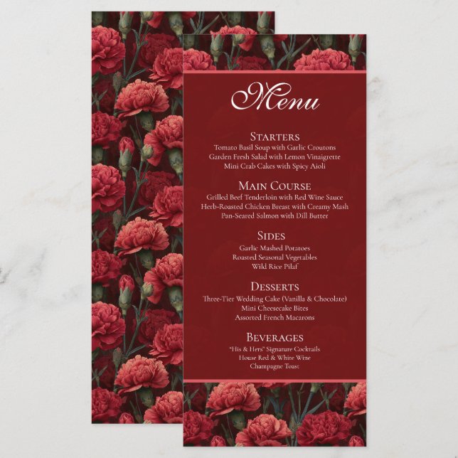 Menú Timeless Red Carnation Aesthetic Boho Wedding (Anverso / Reverso)