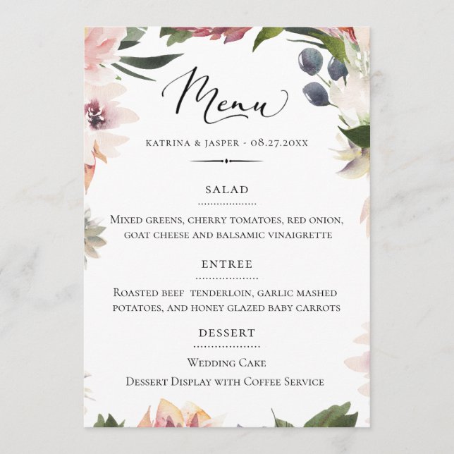 Menú Tipografía de moda Boda de Rubor Plum Floral (Anverso)