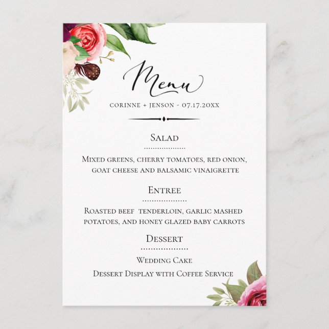 Menú Tipografía de moda Boda floral bohemio (Anverso)