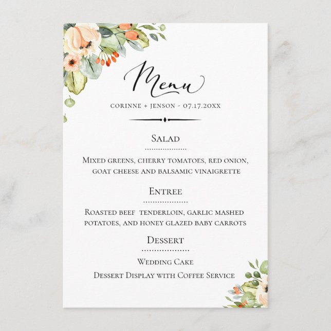 Menú Tipografía de moda Peach Boda Floral (Anverso)