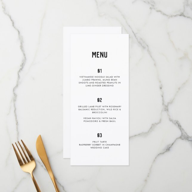 Menú Tipografía mínima moderna Boda blanco negro (Anverso/Reverso In Situ)