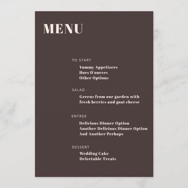 Menú Tipografía Negrita Personalizada Marrón Minimalist (Anverso)