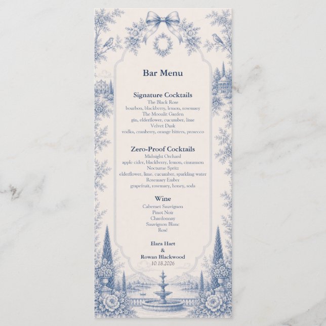 Menú Toile de Jouy Historia del Lugar Boda Bar (Anverso)