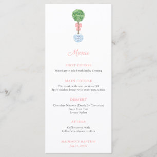 Menú Topiary Pink Bow Baby Baptism Fiesta