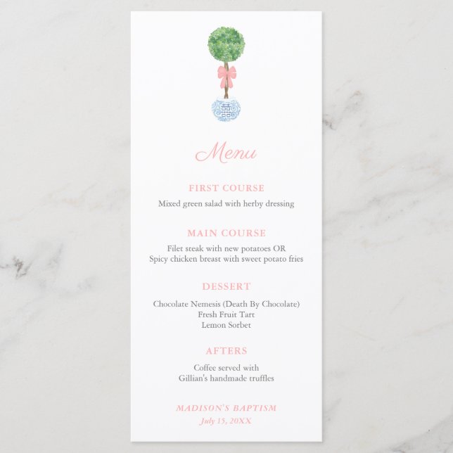 Menú Topiary Pink Bow Baby Baptism Fiesta (Anverso)
