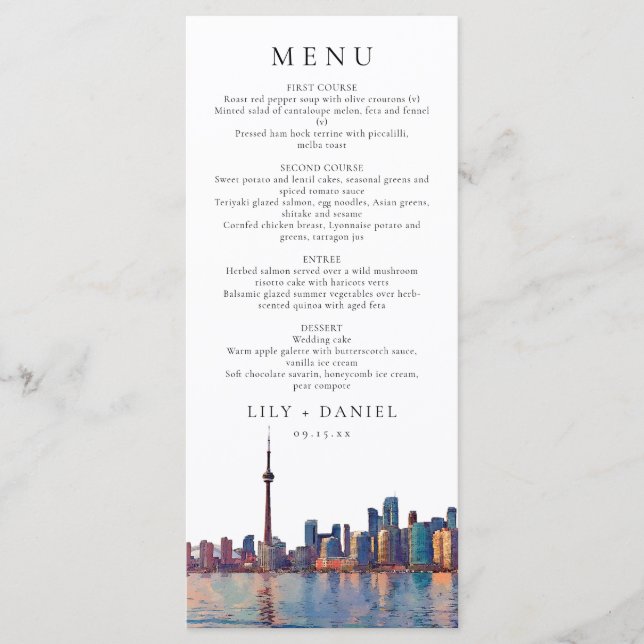 Menú Toronto Skyline Watercolor Destination Wedding (Anverso)