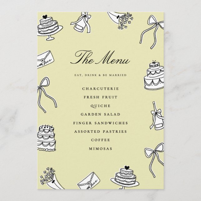 Menú Torta de Cumpleaños de Boda Caprichosa Dibujada a  (Anverso)