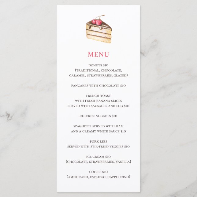 Menú Torta o pastel de acuarela. Simple pastel cafeterí (Anverso)