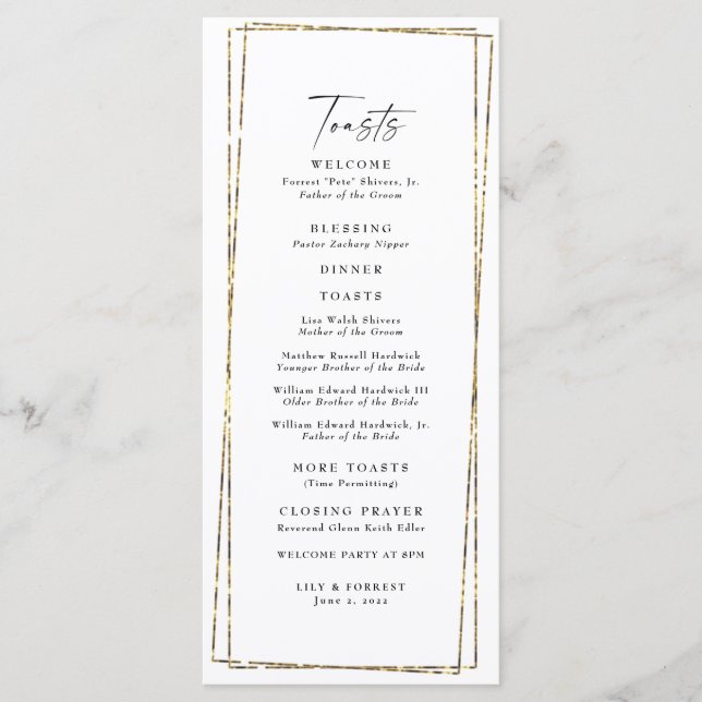 Menú Tostadas de Boda de marco de oro geométrico elegan (Anverso)