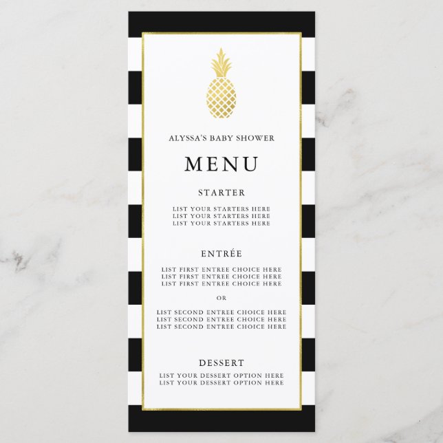 Menú tropical de Baby Shower de la piña de oro (Anverso)