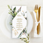 Menú Tropical Foliage Wedding Gold & Green<br><div class="desc">This wedding menu features watercolor palm tree leaves,  banana leaves,  exotic tropical leaves,  and faux gold leaves with a faux gold diamond shape frame.  It's perfect for a tropical,  beach,  summer,  or destination wedding.</div>