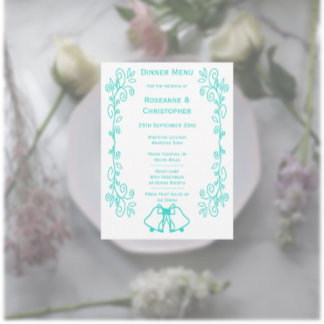 Menú Turquoise Bells Scrollwork Design Boda