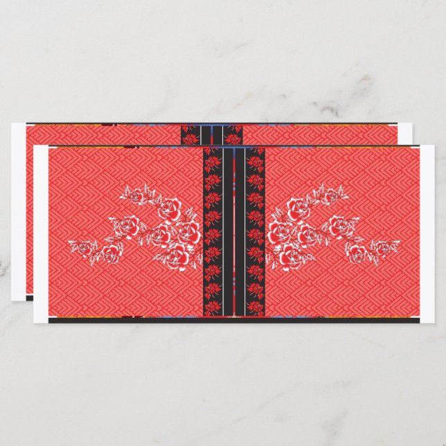 Menú un patrón rojo y negro con flores sobre él (Anverso / Reverso)