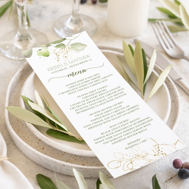 Menú Vegetación acuarela Floral Oro Elegante Boda (Greenery watercolor eucalyptus with gold outline for this modern elegant wedding reception menu.)
