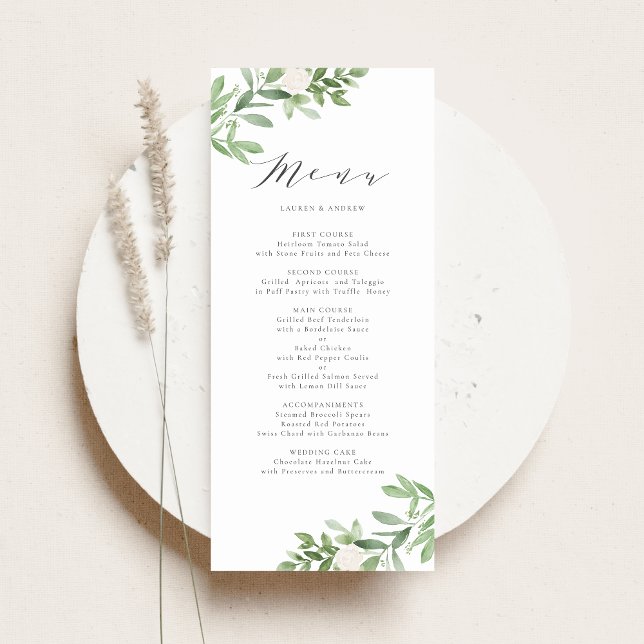 Menú Vegetación acuática y Boda de flores blancas (Customizable botanical menu card featuring greenery and white flowers)