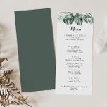 Menú Vegetación tropical Caligrafía floral blanca Cena<br><div class="desc">La carta de la cena es perfecta para un boda rústico. El diseño incluye ramos de hojas de palmera verdes con flores blancas adorables. Este menú se puede utilizar para la recepción de bodas,  la cena de ensayo,  la ducha de novia o cualquier otro evento.</div>