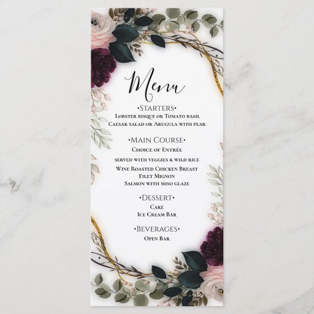 Menú Velvet Plum Garden Floral Greenery Wedding  (Anverso)