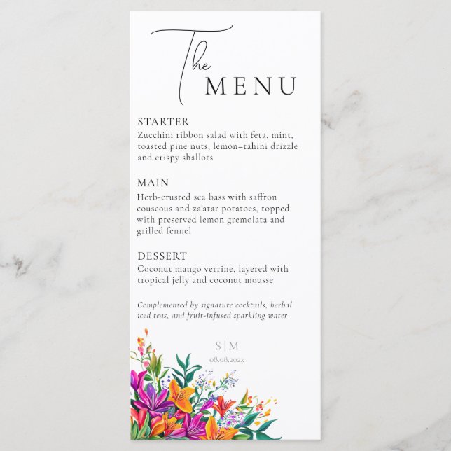 Menú Verano Boda Botánico Elegante Floral Audaz (Anverso)