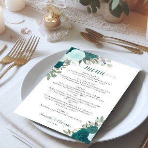 Menú Verde azulada acuarela Floral Elegante Boda Boho