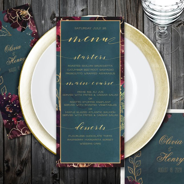 Menú Verde azulado burdeos jewel tones oro Boda (Teal Bordeaux Jewel Tones Wedding Gold Menu)