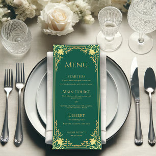 Menú Verde Esmeralda Falso Oro Elegante Boda Vintage