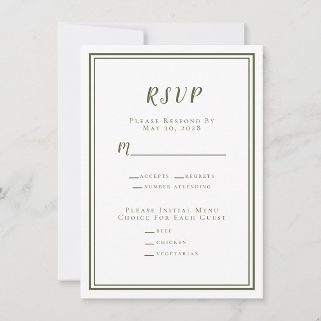 Menú Verde Oliva Boda Minimalista RSVP Simple (Anverso)