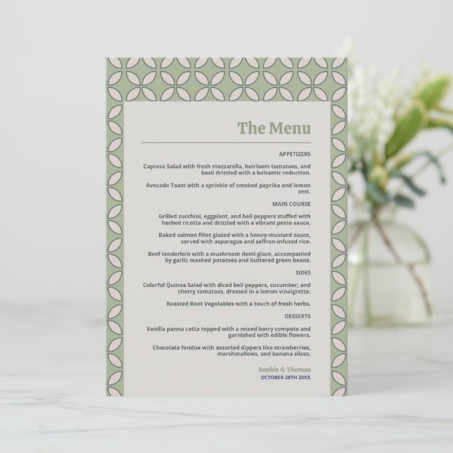 Menú Verde Oliva de Boda Retro Mod de Siglo XX (Anverso de pie)