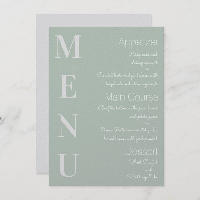 Menú Verde sabio moderno con un texto jumbo grisáceo pá (Anverso / Reverso)