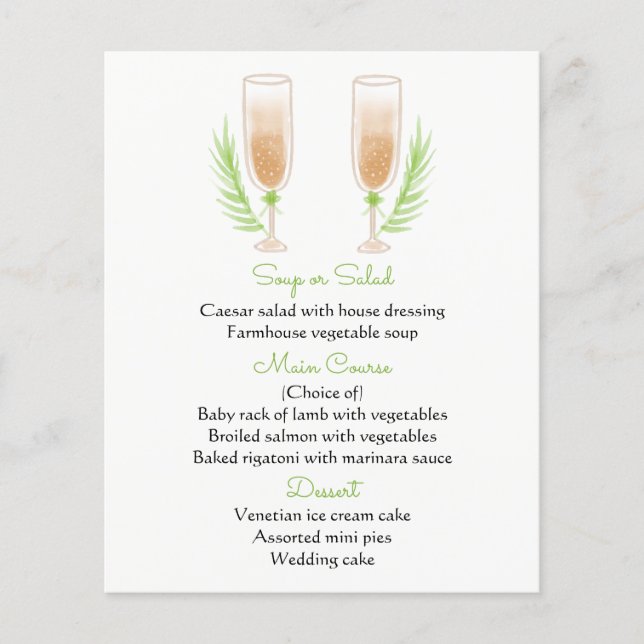 Menú verde y blanco Watercolor Champagne Glass (Anverso)