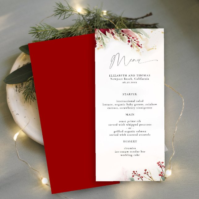Menú Verdor de invierno Berries Rojo Verde Botánico Mod (winter christmas wedding bridal shower menu greenery botanical berries red green gold watercolor)