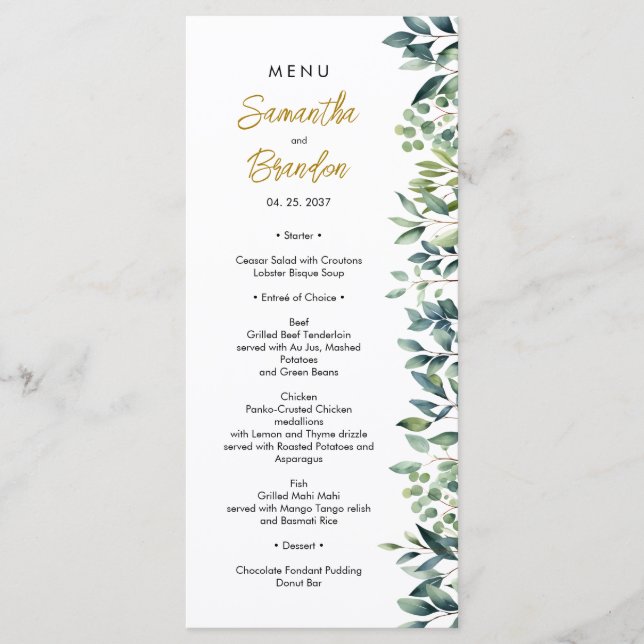 Menú Verdor elegante hojas botánicas Boda (Anverso)