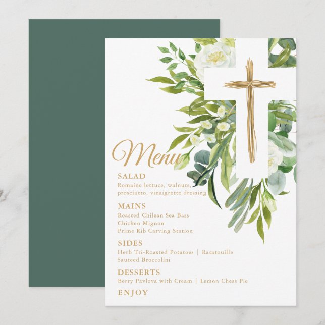 Menú Verdor Floral Cruz Botánica Elegante Bautismo (Anverso / Reverso)