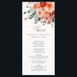 Menú Verona Sunset Bright Naranja Boda floral moderno<br><div class="desc">Celebre su día especial con este elegante menú de bodas,  con un hermoso diseño floral de acuarelas en tonos melocotón,  coral y rubor. Perfecto para una temática romántica inspirada en el jardín. Para personalización o productos adicionales con este diseño,  por favor no dude en contactarme.</div>
