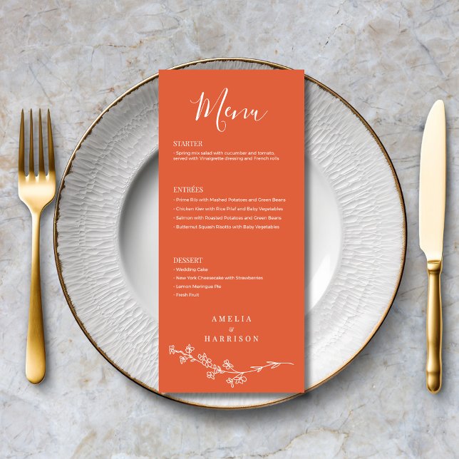 Menú Verona Sunset Naranja Floral Formal Boda Elegante (Verona Sunset Orange Floral Formal Elegant Wedding Menu with Menu Options, Optional Text on Back.)