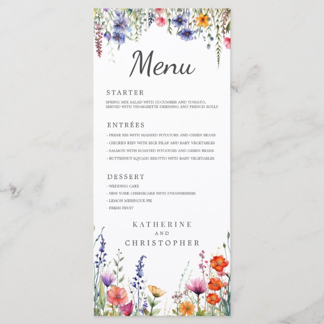 Menú Vibrant Watercolor Wildflowers Elegant Wedding (Anverso)