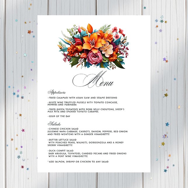 Menú Vibrante acuarela Floral Fiesta Boda (Vibrant Watercolor Floral Fiesta Wedding Menu)