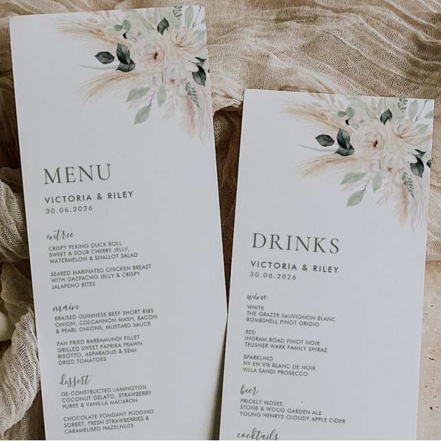 Menú VICTORIA Boda de Flores Blancas Verdes (VICTORIA SUITE | Double Sided Menu / Drinks Menu | Matching items available)