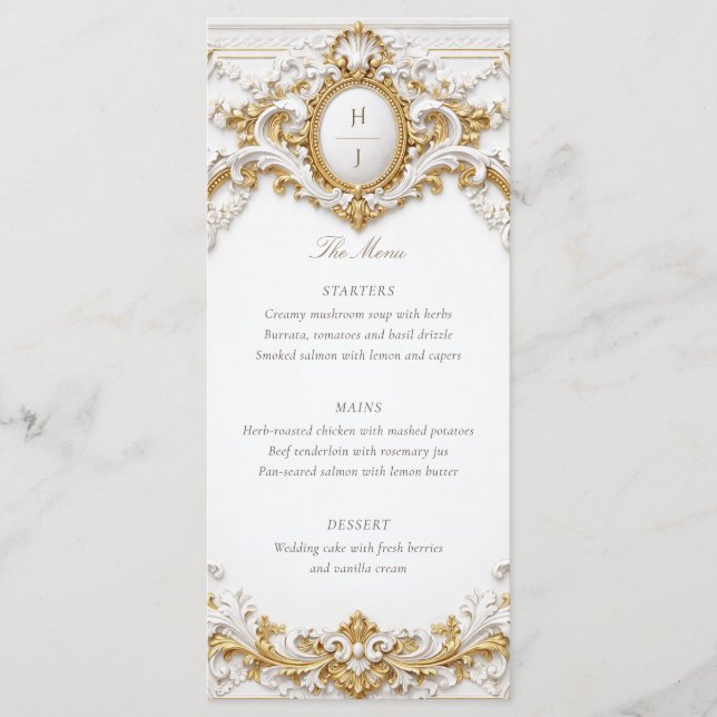 Menú Victorian Gold & White Baroque Frame Wedding (Anverso)